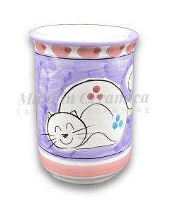 Bicchiere porta spazzolini in ceramica di Vietri Decoro gatto