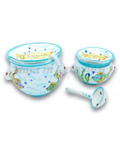 Porta mozzarella svasato in ceramica di Vietri con mestolo